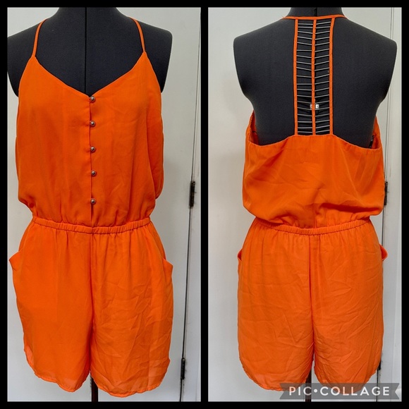 XOXO Pants - SEXY XOXO ORANGE SILKY CHIFFON SHORTS ROMPER HALTER SPAGHETTI STRAPS BEADED L